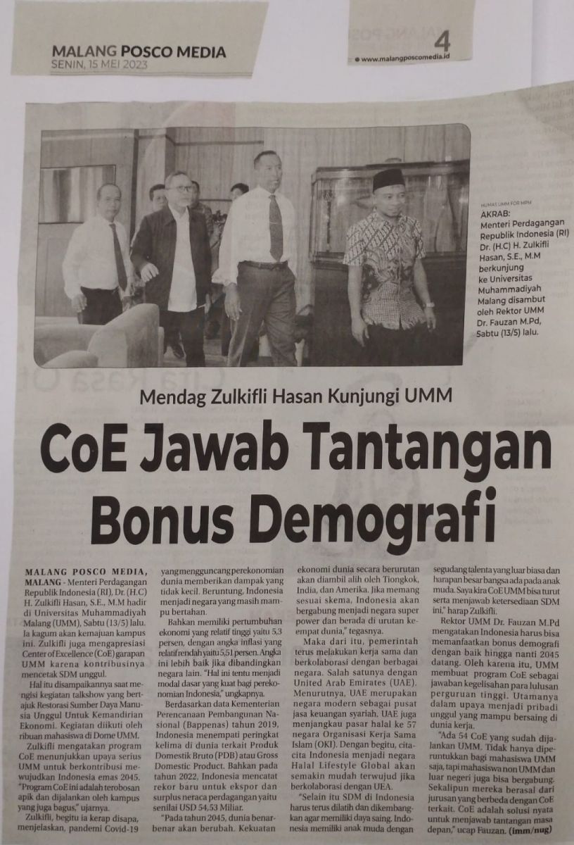 CoE Jawab Tantangan Bonus Demografi - Malang Posco Media - UMM Dalam ...